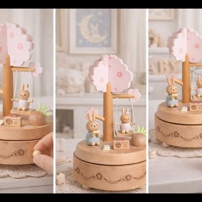 Caixa de música em madeira com coelhos e árvore cor-de-rosa