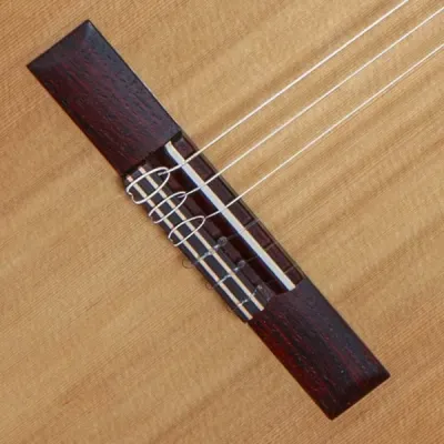 Ponte de guitarra clássica em madeira clara e escura com cordas metálicas