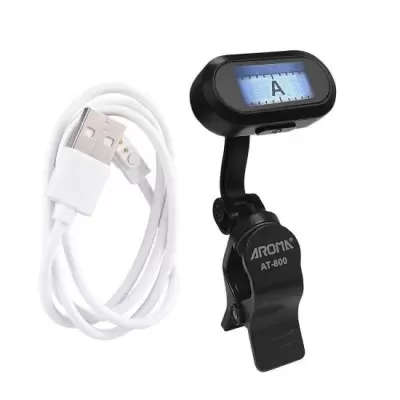 Afinador digital preto AROMA AT-800 com clip e cabo USB branco