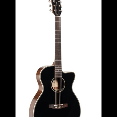 Guitarra acústica preta com corpo de madeira castanha