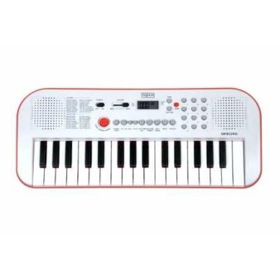 Teclado musical branco com teclas e botões coloridos