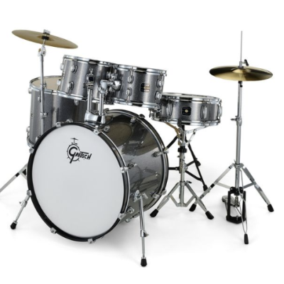 Bateria acústica cinzenta metálica Cartridge com pratos em fundo branco