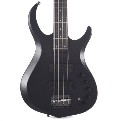 Baixo elétrico preto com quatro cordas e quatro botões de controlo