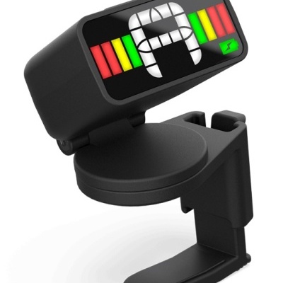 Afinador digital para guitarra com visor colorido e suporte preto