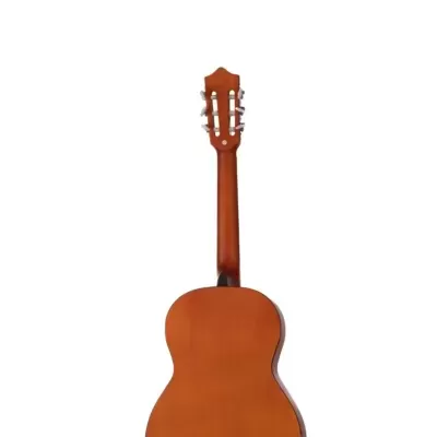 Guitarra clássica de madeira castanho claro vista de trás