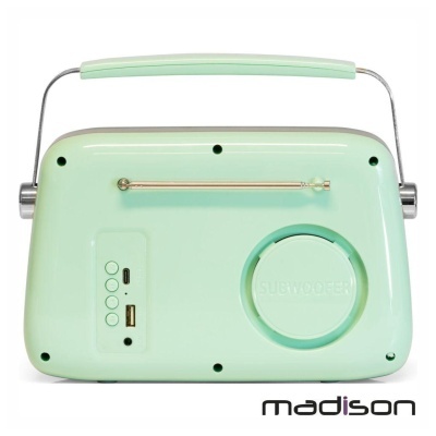 Rádio portátil verde claro com subwoofer e antena metálica