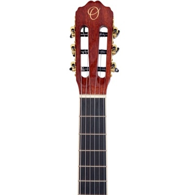 Cabeça e parte do braço de guitarra clássica em madeira com afinações douradas