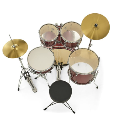 Bateria de música vermelha com tambores e pratos dourados