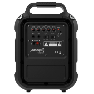 Coluna portátil preta AUDIBAX PORT6-VHF com controlos e entradas