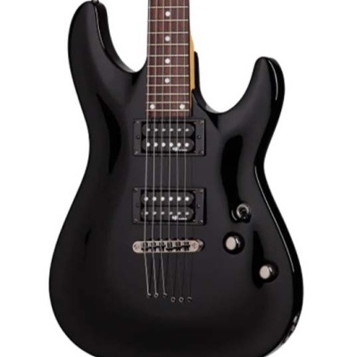 Guitarra elétrica preta com dois captadores humbucker e três botões de controlo