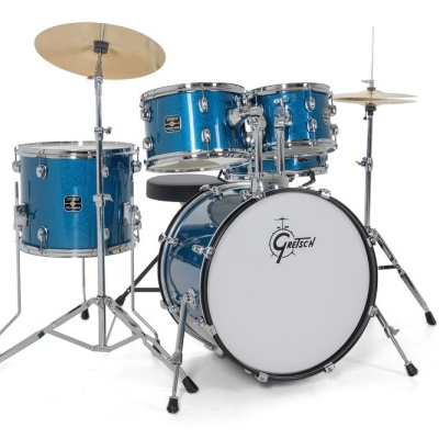 Conjunto de bateria azul metálico Gretsch com pratos dourados e pele branca