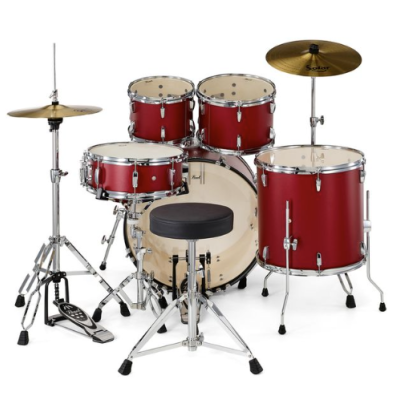 Bateria musical vermelha com peças em metal cromado e pratos amarelos Solar