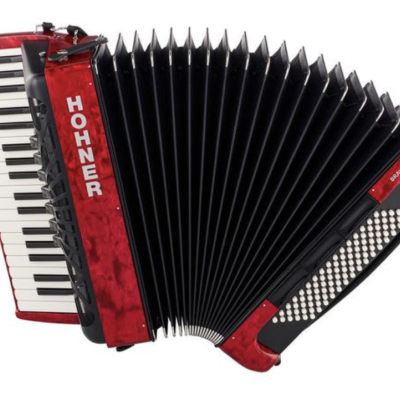 Acordeão vermelho HOHNER com teclas e botões brancos e pretos