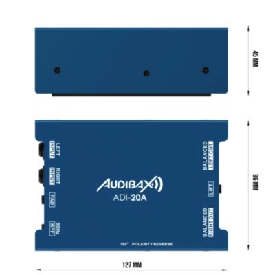 Interface áudio azul Audibax ADI-20A com várias entradas e saídas e dimensões visíveis