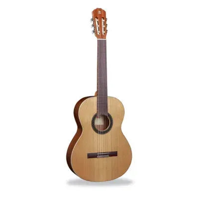 Guitarra clássica em madeira clara e escura com 6 cordas