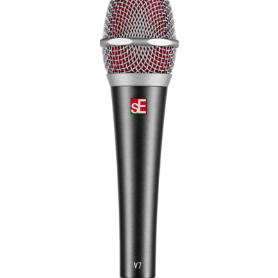 Microfone de mão sE V7 cinza escuro com grelha prateada e vermelha