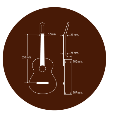 Diagrama técnico de guitarra acústica com medidas em milímetros