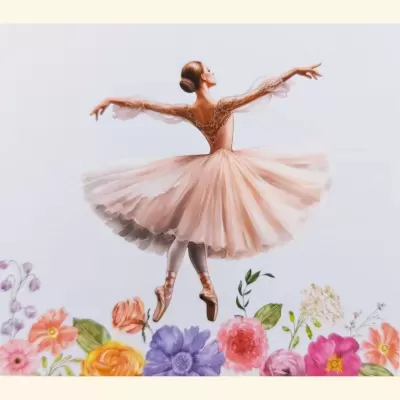 Bailarina de vestido rosa claro a dançar com flores coloridas no fundo
