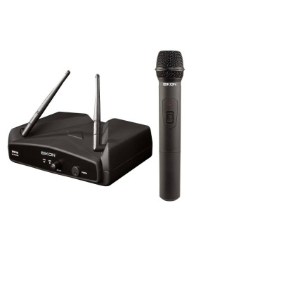 Microfone sem fios EKON com unidade base preta e microfone de mão preto