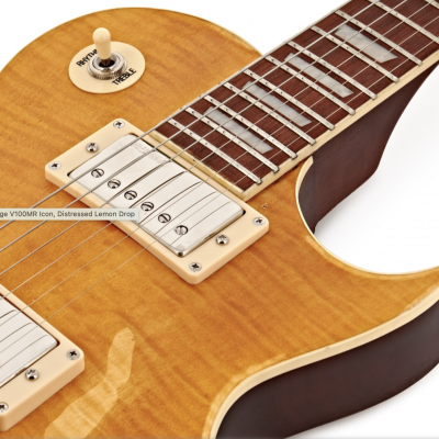 Guitarra elétrica Vintage V100MR Icon Distressed Lemon Drop em madeira marrom e amarelo com captadores metálicos e alavanca