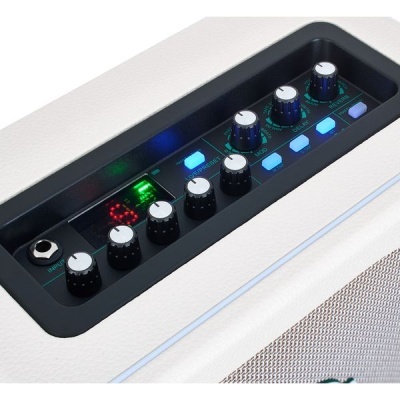 Amplificador de guitarra com botões, LEDs e texto em painel preto sobre corpo branco