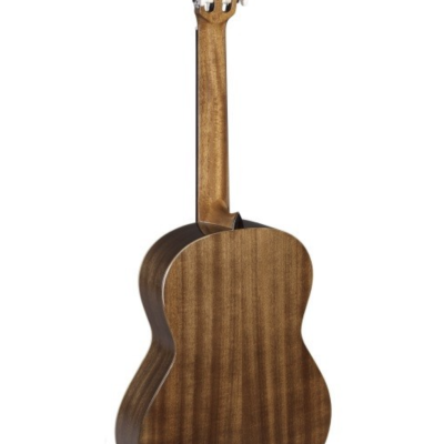 Guitarra clássica de madeira castanha vista de costas em fundo branco