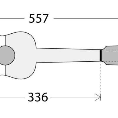 Desenho técnico a preto e branco de violão com dimensões em milímetros