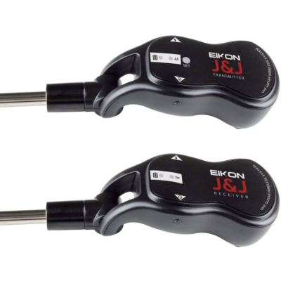 Dois dispositivos eletrónicos pretos EIKON J&J transmissor e recetor com plugue jack