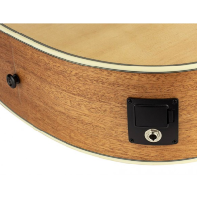 Parte lateral de uma guitarra acústica com conector eletrónico preto e botão para correia