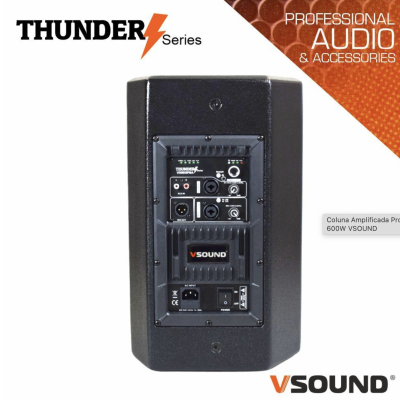 Coluna amplificada preta THUNDER Series VSOUND com painel traseiro e logótipos de marca