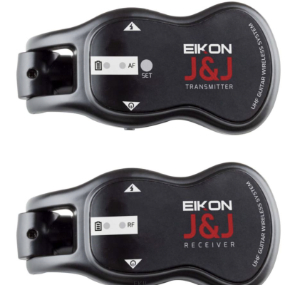 Transmissor e receptor de guitarra sem fios EIKON J&J pretos com botões e texto vermelho e branco