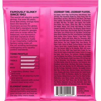 Embalagem cor-de-rosa de corda de guitarra elétrica Ernie Ball com texto em inglês e código de barras