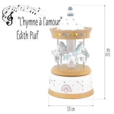 Carrossel musical decorativo em madeira pintada com cavalos e base decorada com constelações e arco-íris