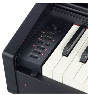 Teclado digital preto com painel de controlo e teclas brancas