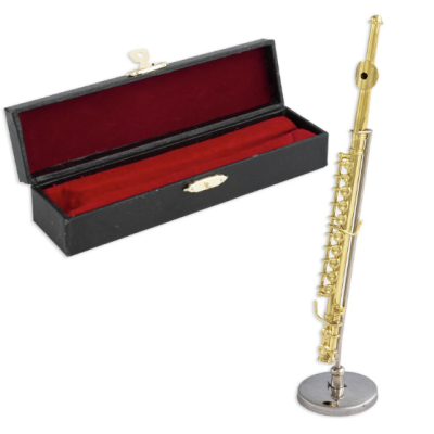 Miniatura de flauta dourada com estojo preto e interior vermelho