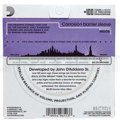 Embalagem de cordas para guitarra DAddario 80/20 Bronze com texto e design em roxo e branco