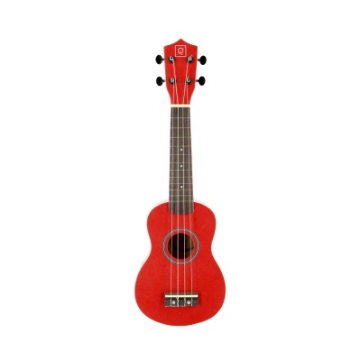 Ukulele vermelho com braço castanho escuro e cordas claras