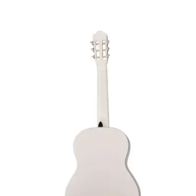 Guitarra clássica branca vista de costas sobre fundo branco