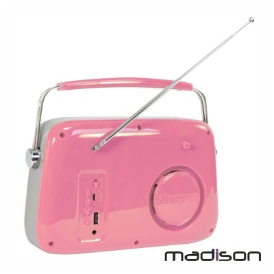 Rádio portátil rosa com antena telescópica e alça