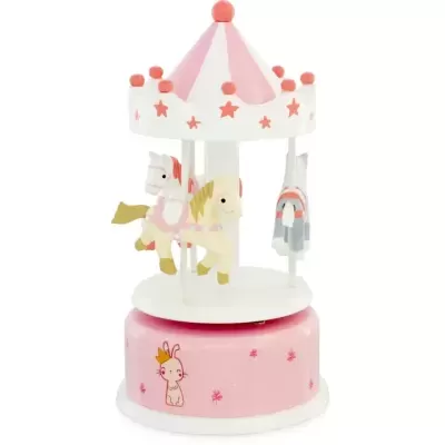 Carrossel de madeira branco e rosa com cavalos e base decorada