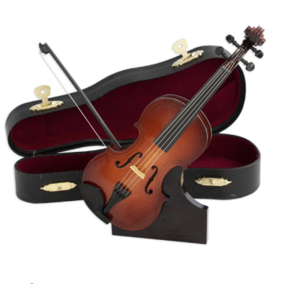 Violino castanho com arco e case preto aberto com interior vermelho
