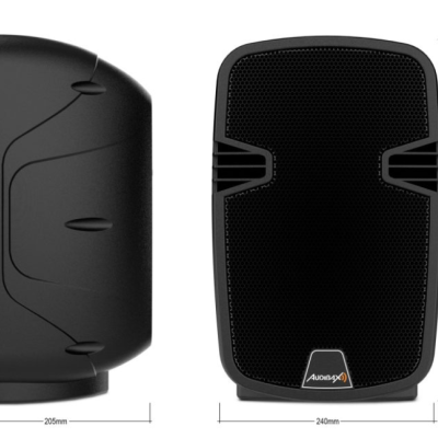 Colunas pretas AUDIBAX com grelha frontal e dimensões visíveis