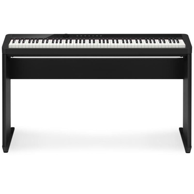 Piano digital preto com suporte e teclado com 88 teclas