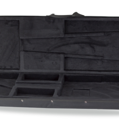 Estojo rígido acolchoado preto com várias divisórias para arma e acessórios.