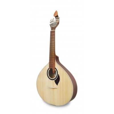 Mandolim de madeira clara e escura com várias cravelhas, isolado