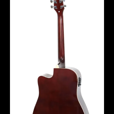 Guitarra acústica castanho escuro vista de costas com corte e tarraxas prateadas