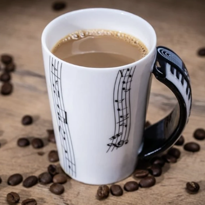 Caneca branca com notas musicais e alça em forma de teclado de piano cheia de café com leite