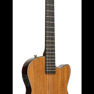 Guitarra acústica de corpo castanho claro com corte e eletrónica integrada