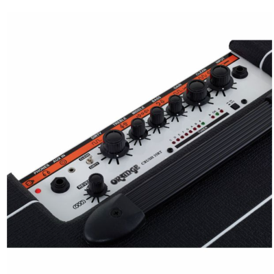 Painel de controlo de amplificador Orange Crush 35RT com botões pretos e texto em fundo branco