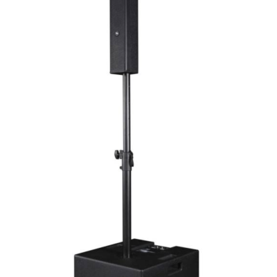 Coluna de som preta com subwoofer e colunas verticais sobre suporte ajustável